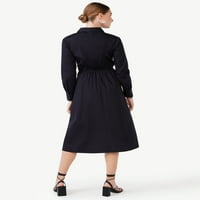 Kepçe kadın Yan Düğüm Poplin Midi Gömlek Elbise Uzun Kollu, Boyutları XS-XXL