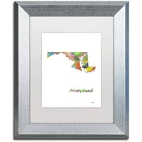 Marka Güzel Sanatlar Maryland Eyalet Haritası-1 Tuval Sanatı Marlene Watson, Beyaz Mat, Gümüş Çerçeve