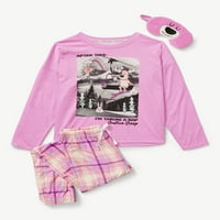 Adalet Kızlar Uzun Kollu Grafik Üst Ekose Jogger Pantolon ve Yaratık Göz Maskesi, 3 Parçalı Pijama Seti, boyutları