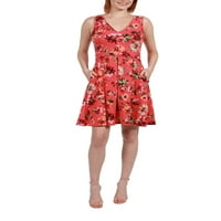 Kadın Mercan Kırmızısı ve Pembe Çiçekli Mini Elbise
