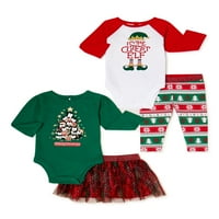 Tatil Zamanı Bebek Kız Noel Bodysuits, Tutu ve Tozluk Seti, 4 Parçalı, Boyutları 0 3M-6 9M