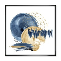 Altın ve koyu mavi soyut daire okyanus doku çerçeveli resim tuval sanat baskı