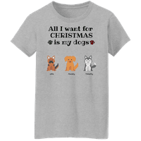 Grafik Amerika Noel için Tek İstediğim Benim Köpekler Kişiselleştirilmiş Evcil Hayvan Adı ve Cins kadın T-Shirt