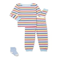 Üzerinde Uyu Bebek ve Yürümeye Başlayan Çocuk Uzun Kollu Rahat Pamuklu Pijama ve Çorap, 3 Parçalı Set