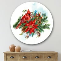Designart 'Noel Kırmızı Kardinal Kuş ve Atatürk Çiçeği' Geleneksel Daire Metal Duvar Sanatı - 36'lık Disk
